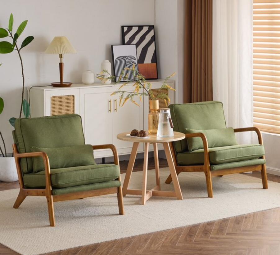 HSUNNS Accent Chair, Mid-Century Modern Living Room Chair Featuring Corduroy Fabric Upholstery & Pillow, Sturdy Solid Wood Frame Lounge Arm Chair with Plush Cushion for Bedroom, Office, Olive Green