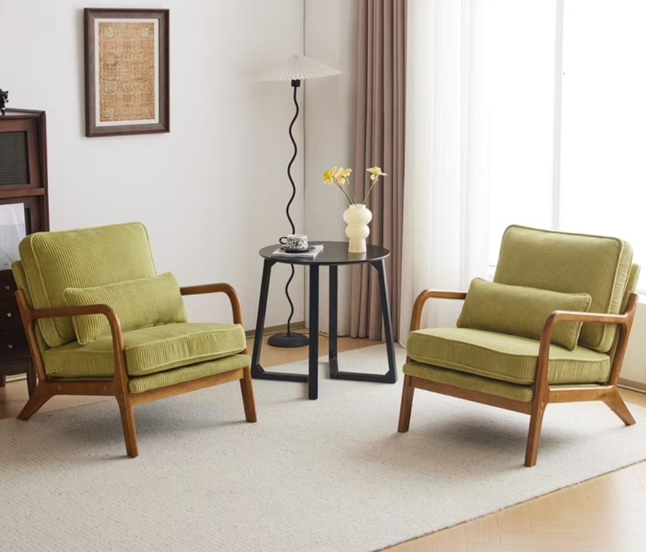 HSUNNS Accent Chair, Mid-Century Modern Living Room Chair Featuring Corduroy Fabric Upholstery & Pillow, Sturdy Solid Wood Frame Lounge Arm Chair with Plush Cushion for Bedroom, Office, Olive Green