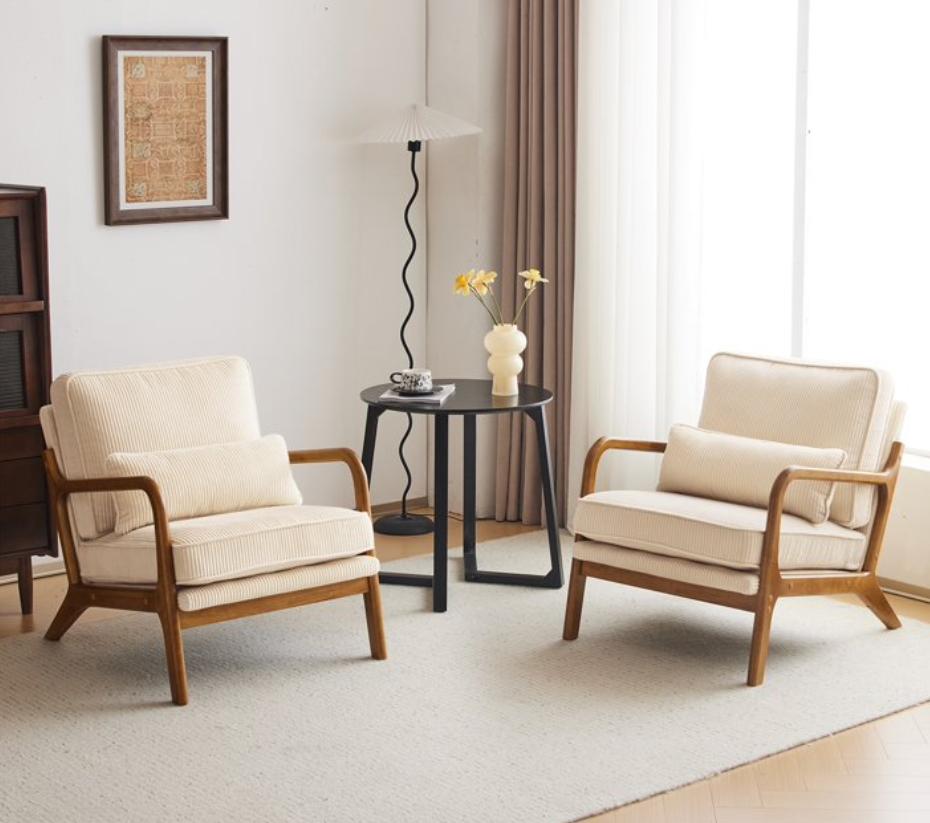 HSUNNS Accent Chair, Mid-Century Modern Living Room Chair Featuring Corduroy Fabric Upholstery & Pillow, Sturdy Solid Wood Frame Lounge Arm Chair with Plush Cushion for Bedroom, Office, Olive Green