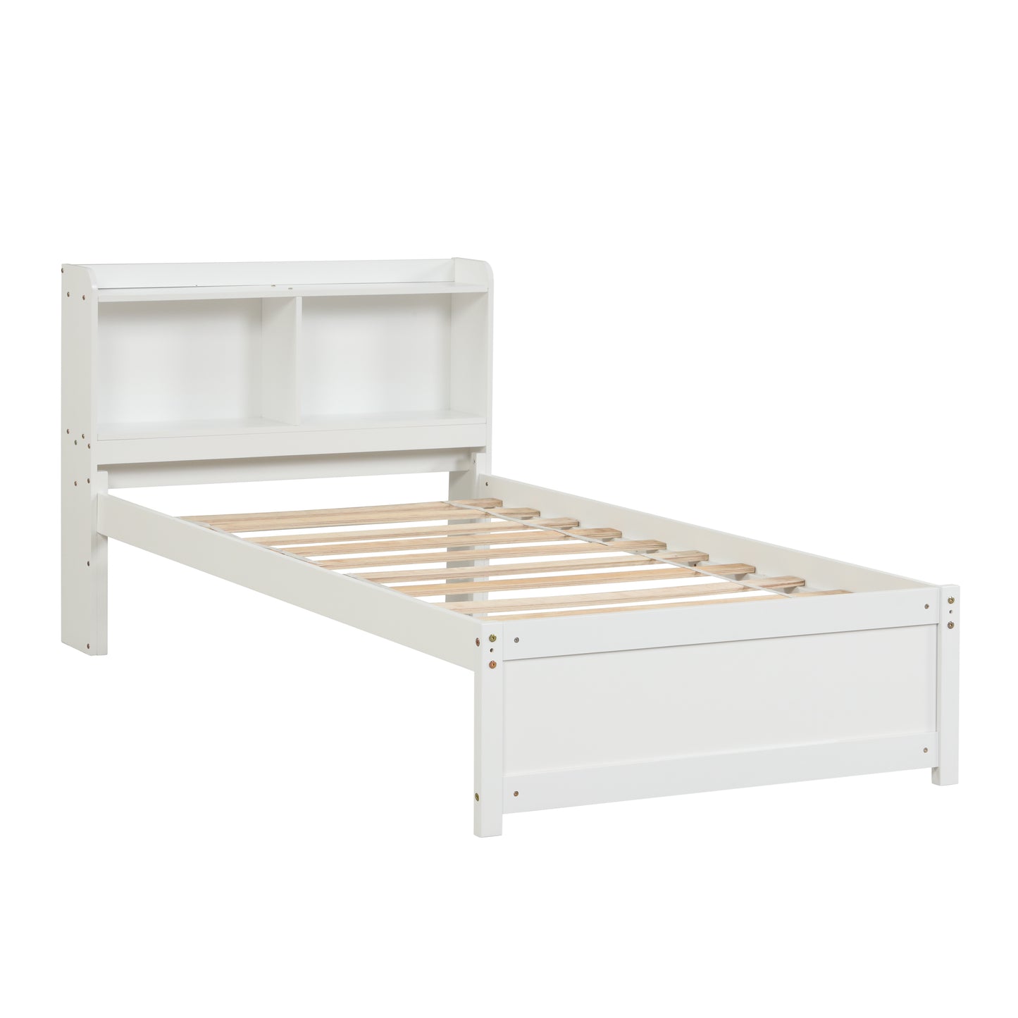 HSUNNS Twin Bed Frame with Trundle and Storage Bookcase, Modern Platform Bed Frame with Pull Out Trundle, Solid Wood Trundle Bed with Headboard and Footboard, No Box Spring Needed, White