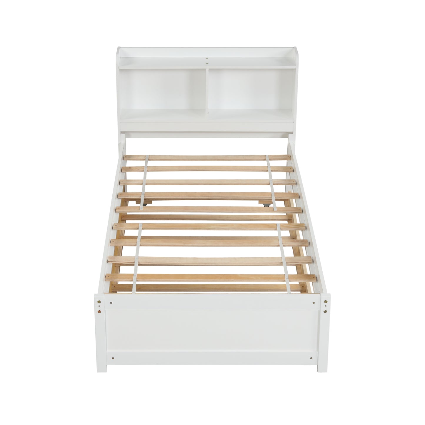 HSUNNS Twin Bed Frame with Trundle and Storage Bookcase, Modern Platform Bed Frame with Pull Out Trundle, Solid Wood Trundle Bed with Headboard and Footboard, No Box Spring Needed, White