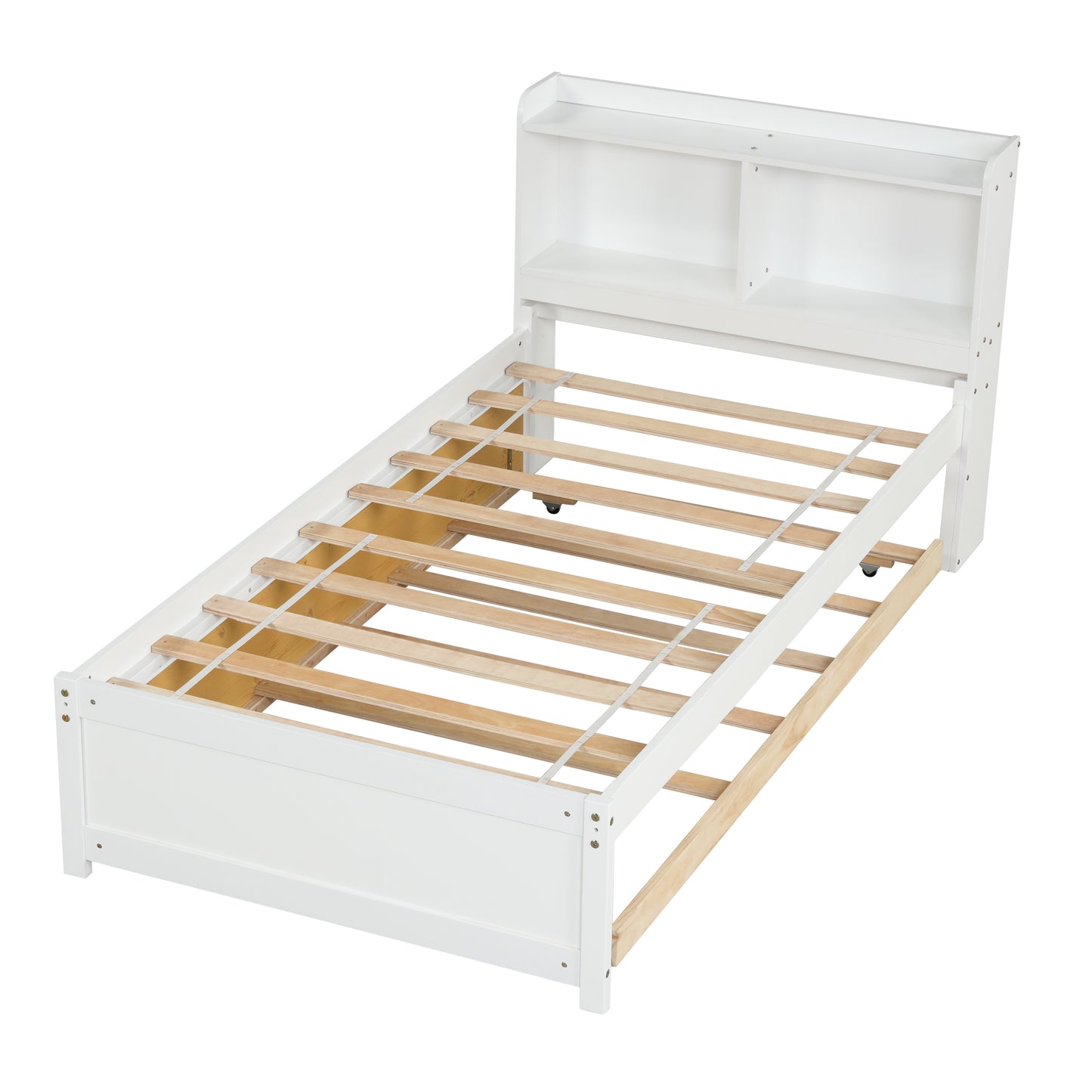 HSUNNS Twin Bed Frame with Trundle and Storage Bookcase, Modern Platform Bed Frame with Pull Out Trundle, Solid Wood Trundle Bed with Headboard and Footboard, No Box Spring Needed, White