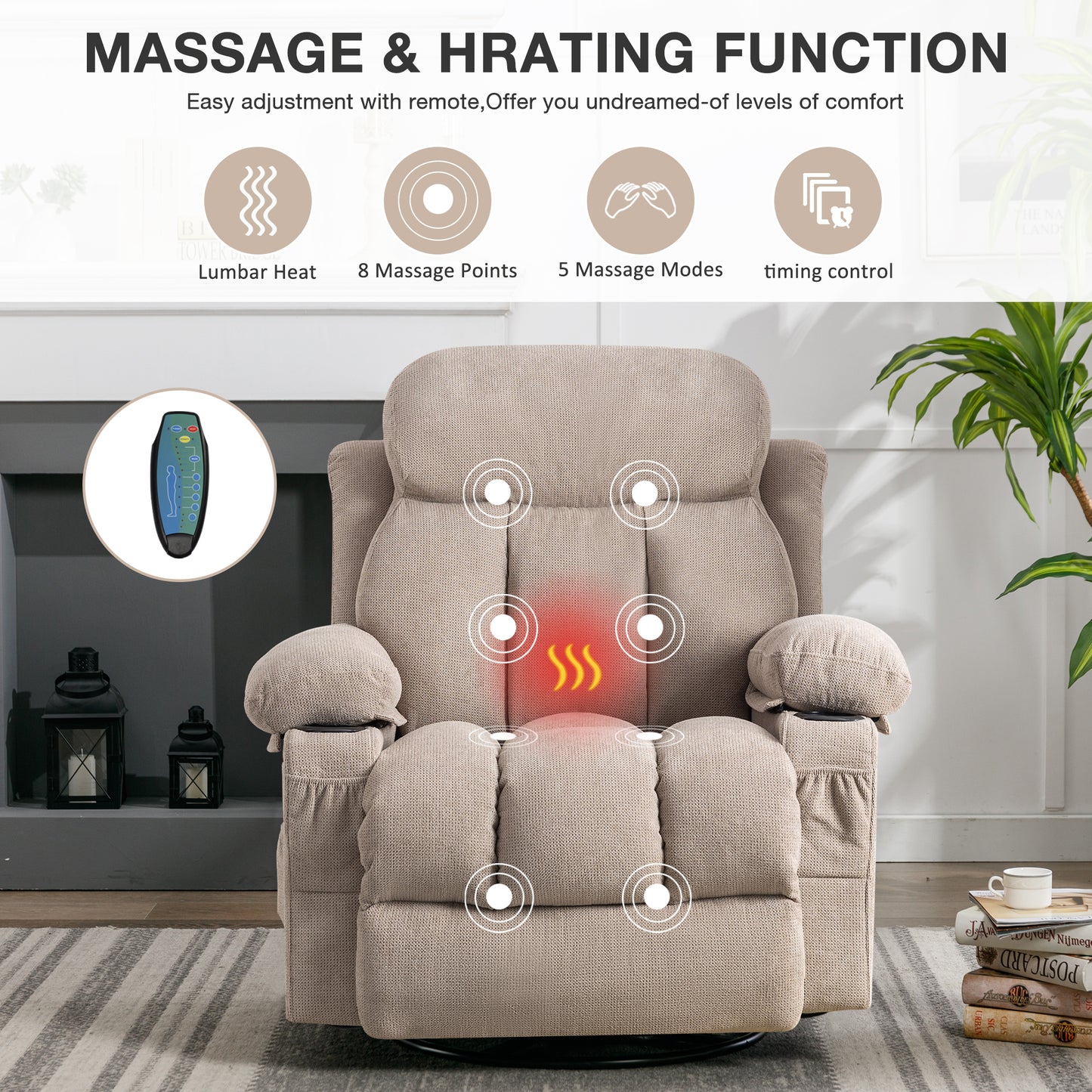 HSUNNS Recliner Chair with Heat and Massage Function, Swivel Rocker Sofa with USB and Cup Holders, Massage Chair for Adults, Heavy Duty Single Leisure Sofa Seat for Living Room Nursery, Beige