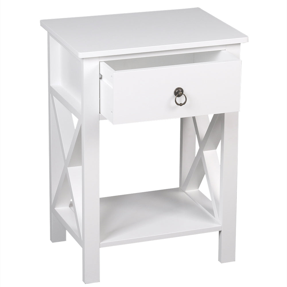 2-Tier Side Table with 1 Drawer and Storage Shelf, Nightstand with Mental Handle, Bedside Table End Table, Modern Night Stand for Bedroom, Living Room, Home Office, White