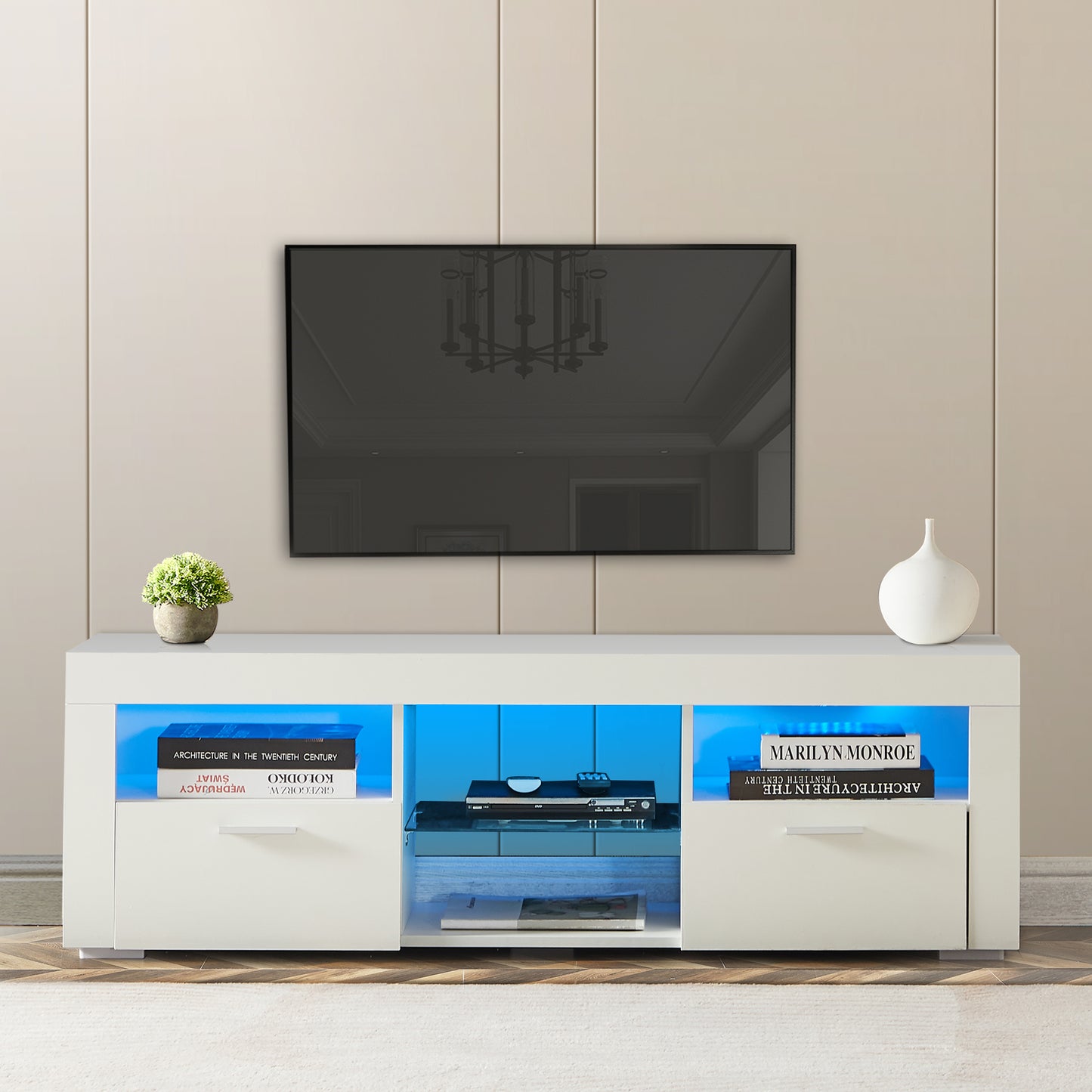 Black LED TV Stand for 55 inch TV, HSUNNS Modern Living Room Entertainment Center with 16 Colorful Lights, Storage Drawers, TV Storage Cabinet Media Furniture, 51.2×13.8×15.7in