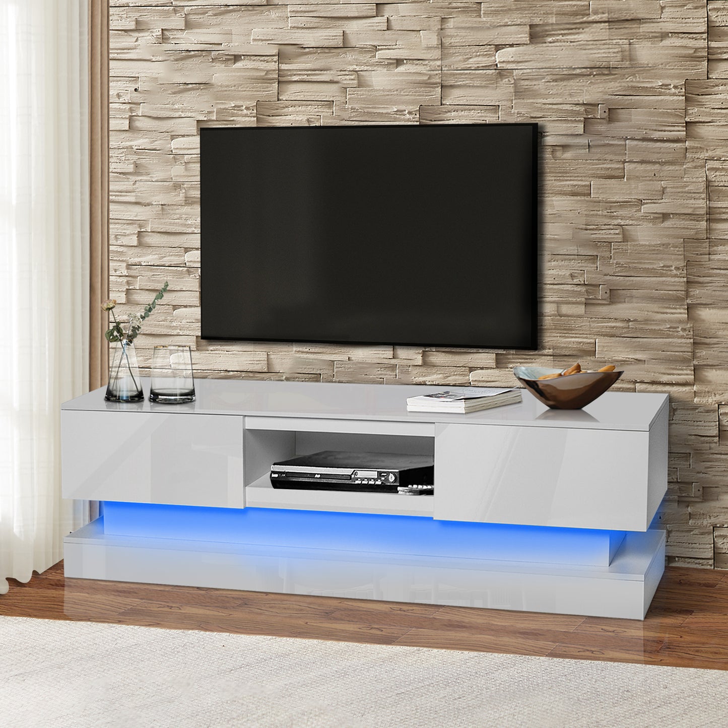 White TV Stand for 65" TVs, HSUNNS High Glossy Front TV Cabinet with 16 RGB Lights, Entertainment Center Media TV Console with 2 Drawers for Living Room Bedroom, Size: 63x16x20in