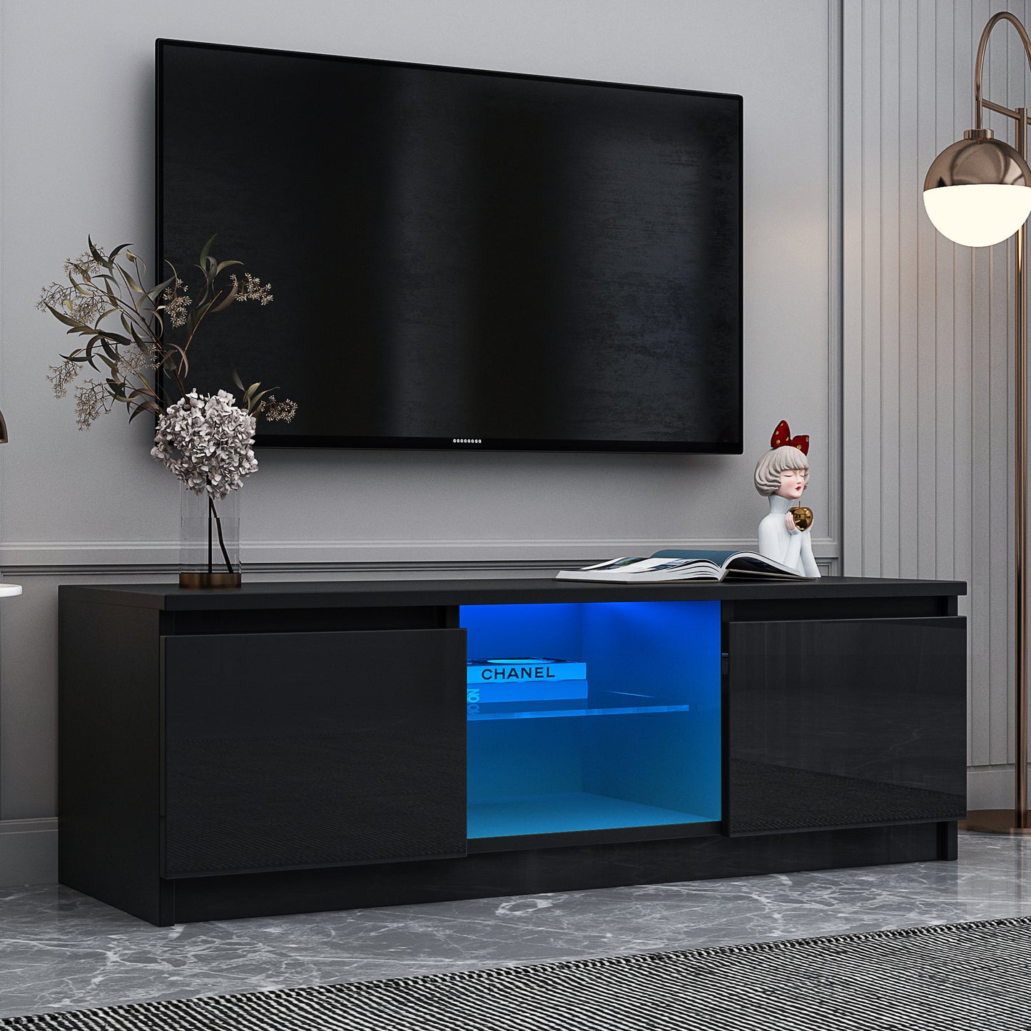 LED TV Stand for 55" TVs, HSUNNS Mid-century Entertainment Center, Media Storage Stand with 2 Drawers, 16 Color Lights, Remote Control, Storage Shelf, 47.24 x 15.75 x 15.75in, Black