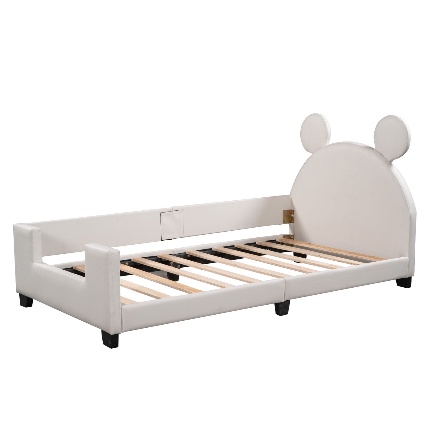 Kids Twin Upholstered Day Bed Frame for Boys Girls Toddlers, Wood Platform Bed with Mouse Ears Headboard for Kids' Room Bedroom, PU Leather Sofa Bed Floor Bed, Easy Assemble, White