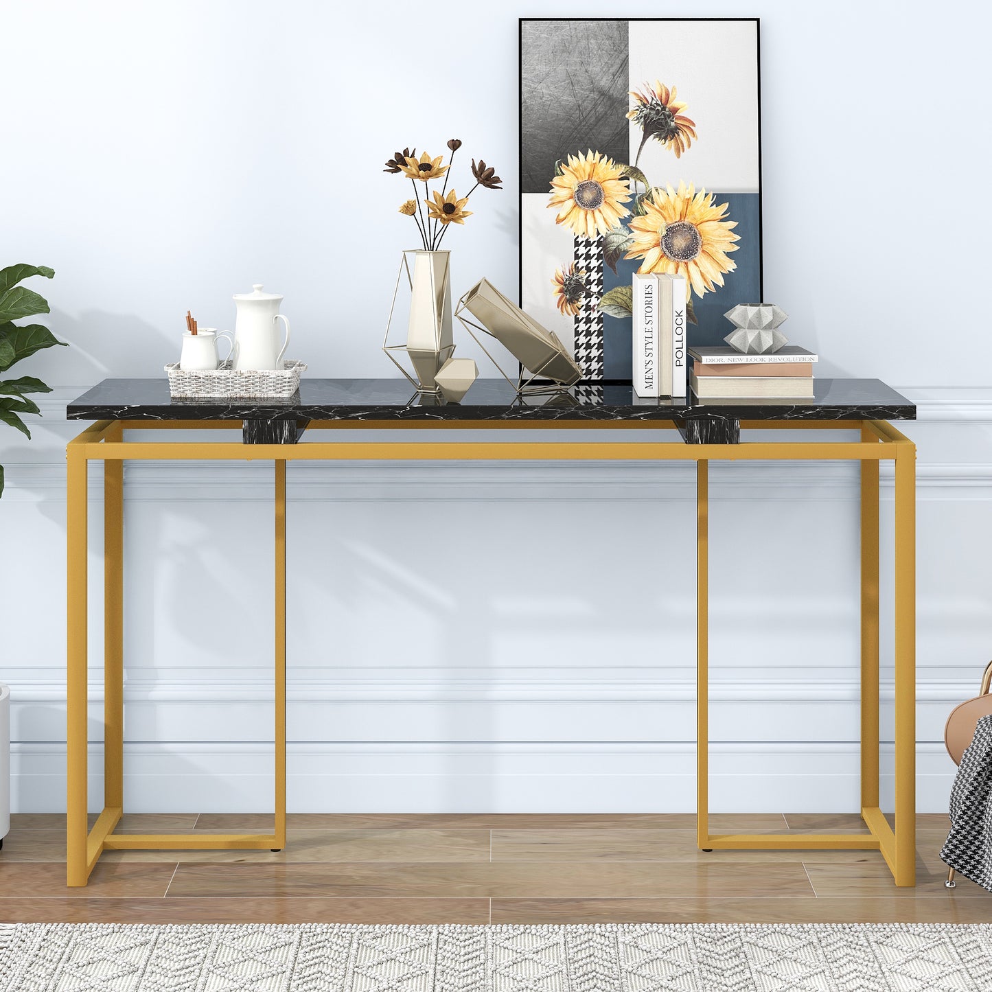 Narrow Long Entryway Table, HSUNNS 63in Faux Marble Console Table with Metal Frame, Long Sofa Table for Living Room Bedroom, Modern Living Room Furniture, Size: 35.7" H x 63" W x 15" D