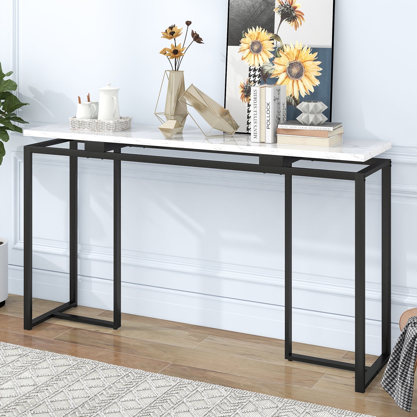 Narrow Long Entryway Table, HSUNNS 63in Faux Marble Console Table with Metal Frame, Long Sofa Table for Living Room Bedroom, Modern Living Room Furniture, Size: 35.7" H x 63" W x 15" D