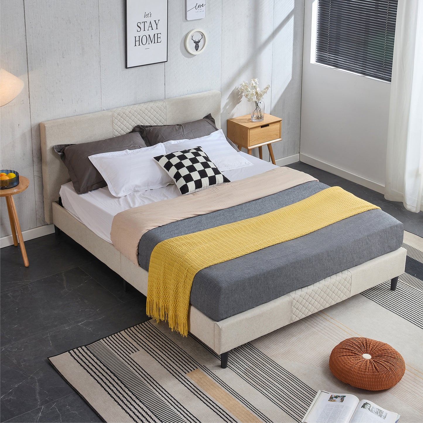 HSUNNS Full Size Bed Frame, Platform Bed Frame with Upholstered Tufted Headboard, Modern Bedroom Furniture Full Bed Frame with Strong Slat Support, Wood Legs, Beige