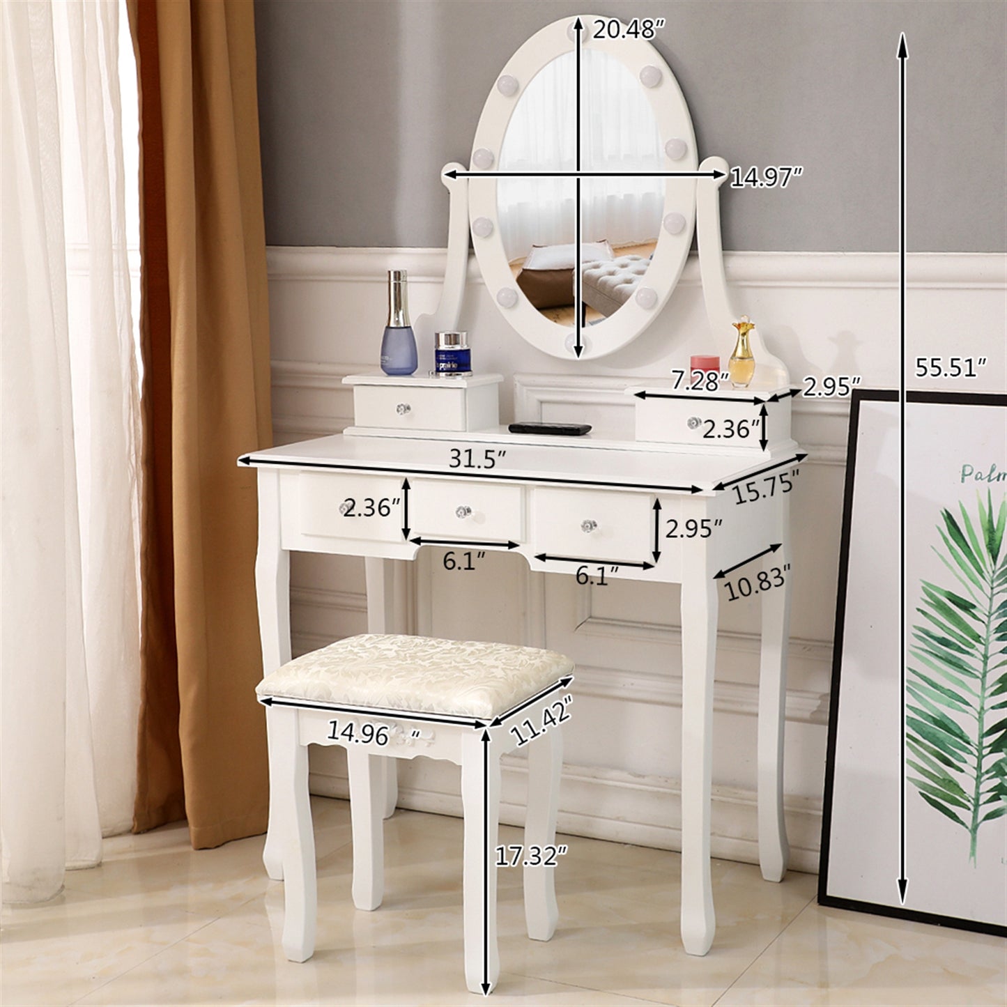 Vanity Table with 10 LED Lights, 5 Drawers Makeup Dressing Desk with Cushioned Stool Set, Makeup Vanity Desk with Mirror and Lights, Bedroom Vanities Set, White