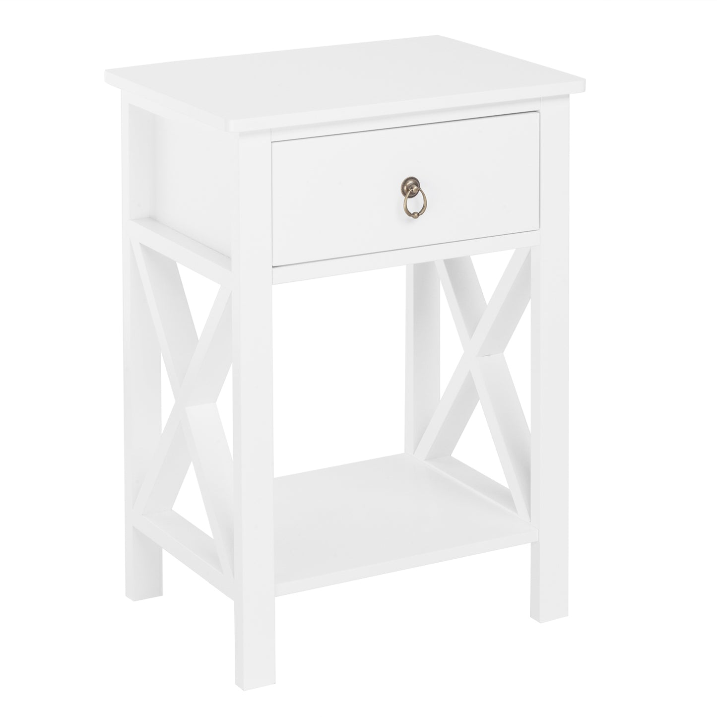 2-Tier Side Table with 1 Drawer and Storage Shelf, Nightstand with Mental Handle, Bedside Table End Table, Modern Night Stand for Bedroom, Living Room, Home Office, White