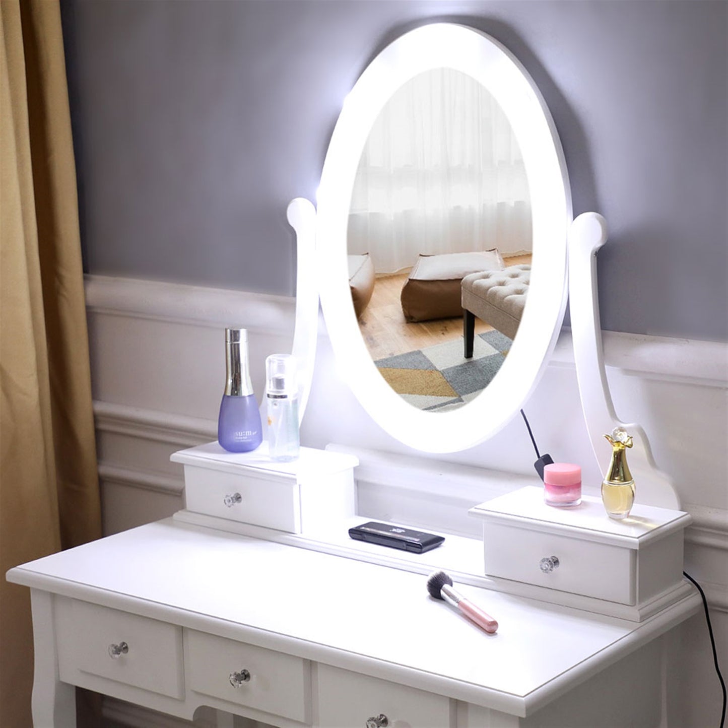 Vanity Table with 10 LED Lights, 5 Drawers Makeup Dressing Desk with Cushioned Stool Set, Makeup Vanity Desk with Mirror and Lights, Bedroom Vanities Set, White